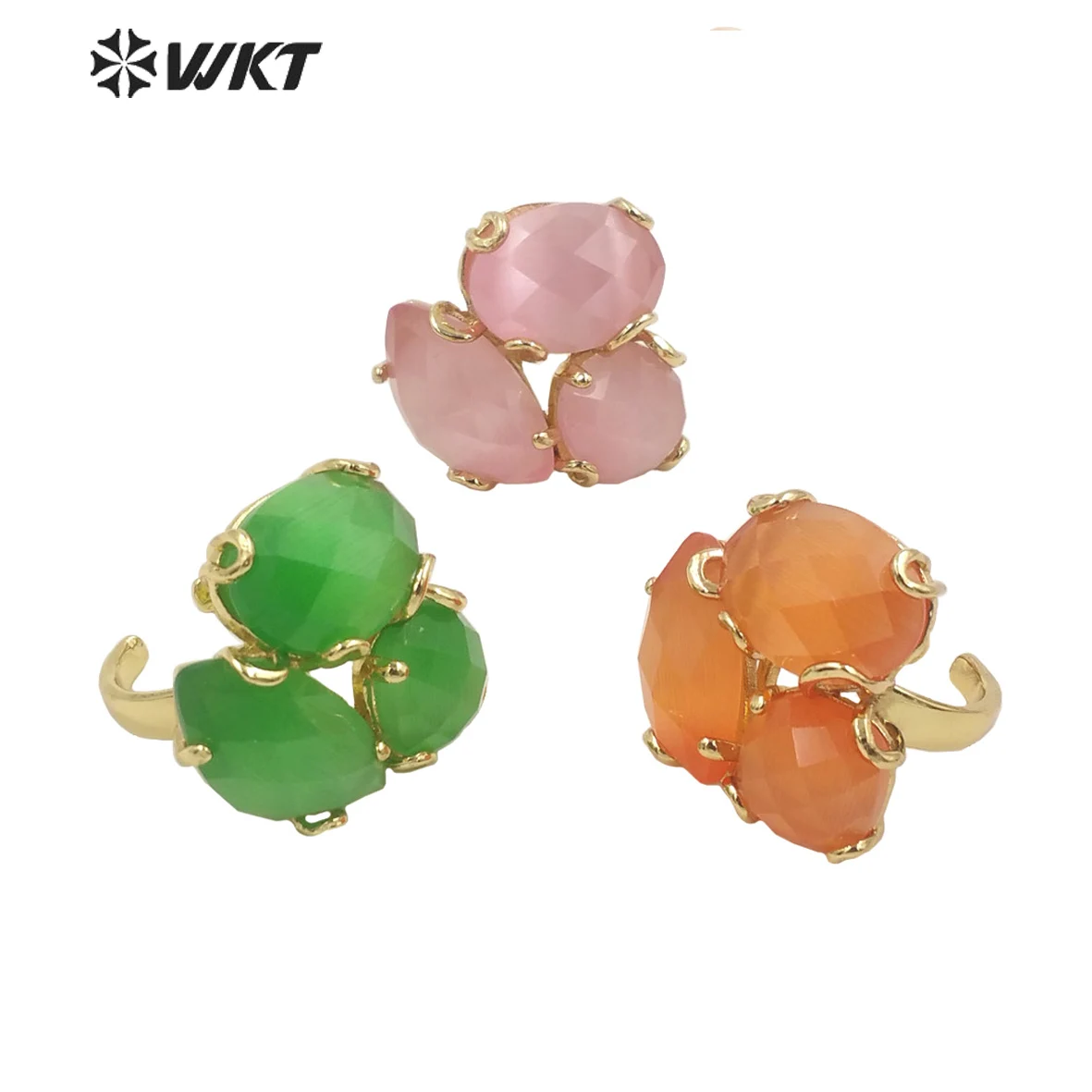 WT-R420 Europe Court Style Colorful Cat Eye Stone Ring 18k Real Gold Plated Triple Gemstone Flower ACC With Prong Setting