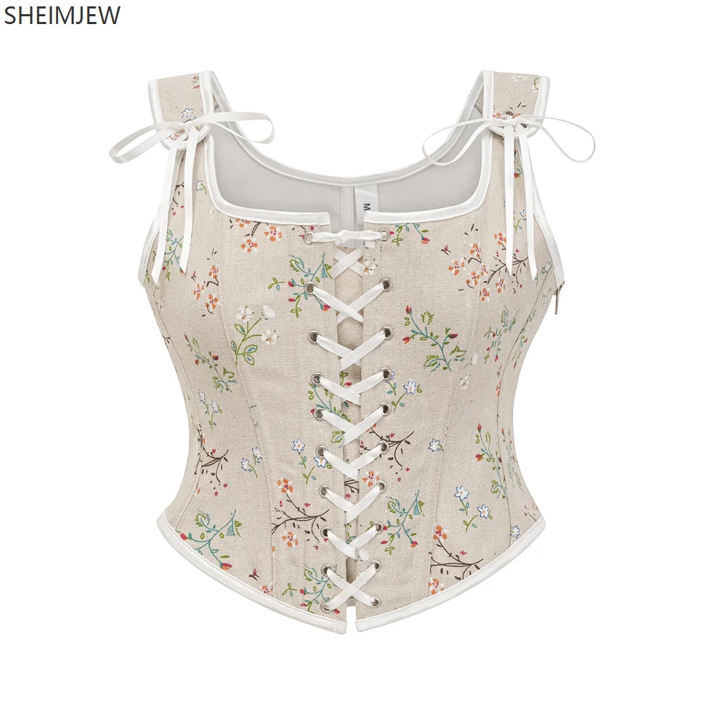 Women Sexy Corset Beige Floral Print Suspenders French Court Victorian Corsets Vintage Fishbone Tunic Vest Gothic Tops New