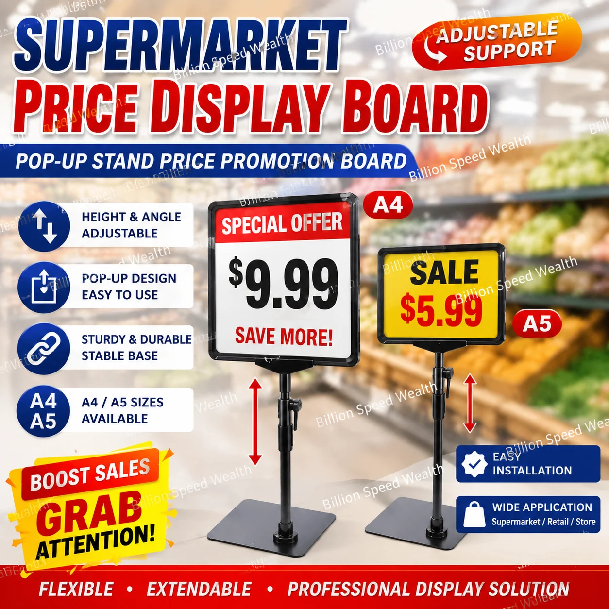 

Supermarket display price board with adjustable stand pop-up stand price promotion board