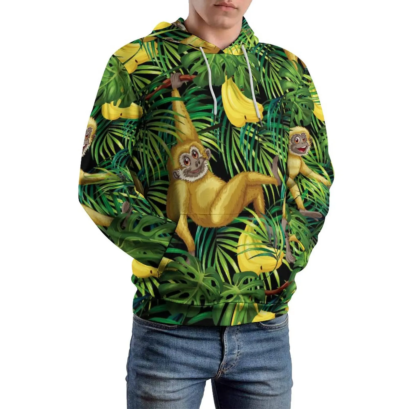 Monkey Print Loose Hoodies Tropical Banana Jungle Harajuku Pullover Hoodie Man Long Sleeve Oversized Casual Graphic Clothing