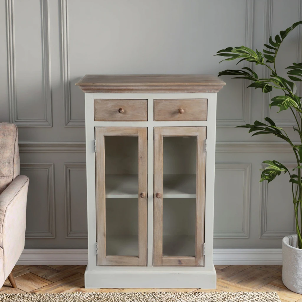 Z DU'S Modern Solid Wood Cabinet, Double-Door & Double-Drawer Large Capacity Storage Unit. Clear Glass Doors For Item Display.Z