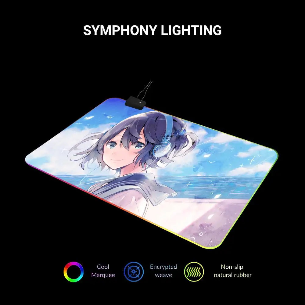 Anime girl wearing headphones Mouse Pad Animation Games Beautiful RGB Gaming Mouse Pad HD Gamer Large LED Light PC Computer pad