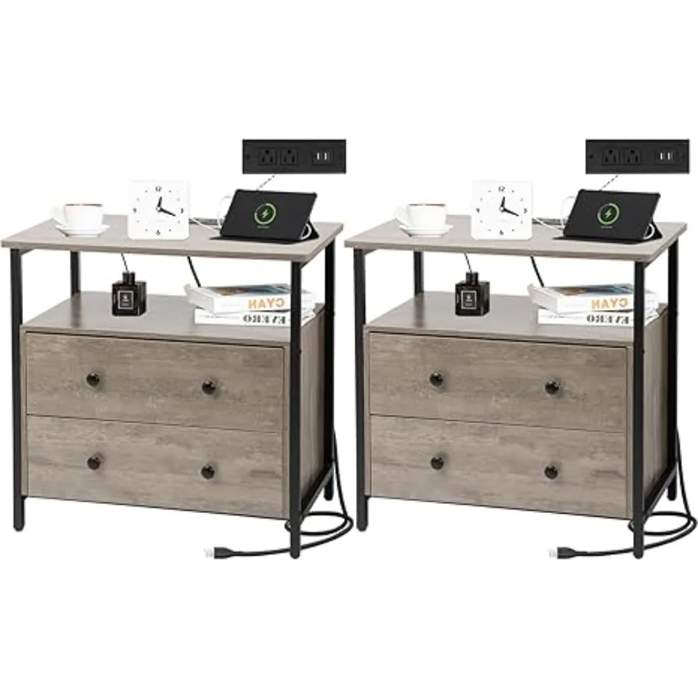 

27 inch Wood Nightstand with Charging Station, Wide Bedside Table with 2 Drawers, Large Night Stand with Open Shelf(Gray,2 Pack)