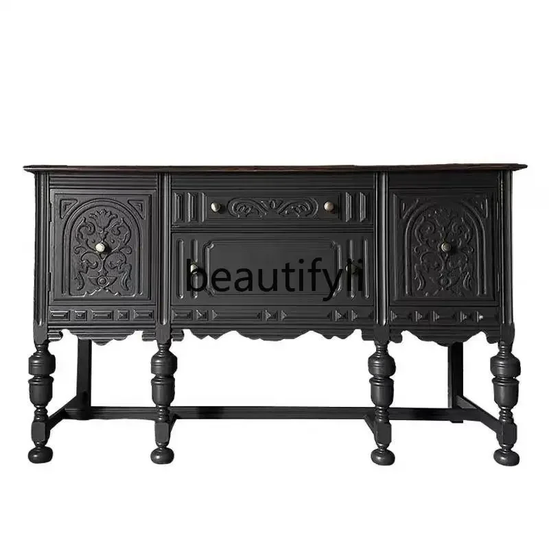 

French retro solid wood carving flower dining side cabinet light luxury partition decorative cabinet medieval locker07A