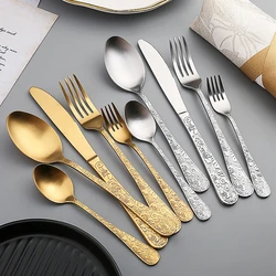 Stainless Steel Sanding Retro Tableware Flower Pattern Steak Knife Fork Dessert Spoon Teaspoon Western Cutlery Kitchen Utensils