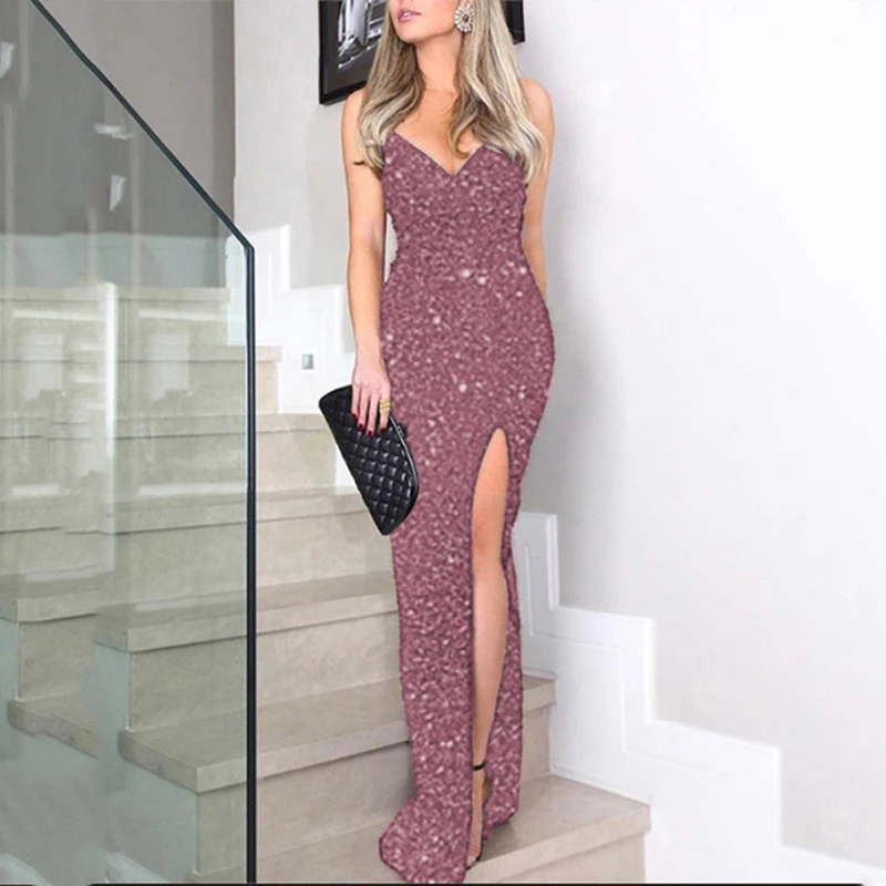 Female V Neck Sleeveless Spaghetti Strap Dress Elegant Off Shoulder Sequins Gowns Club Dress Sexy High Split Slim Evening Dress