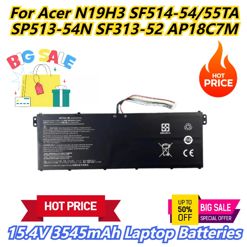 

15.4V 3545mAh Laptop Batteries For Acer N19H3 SF514-54/55TA SP513-54N SF313-52 AP18C7M