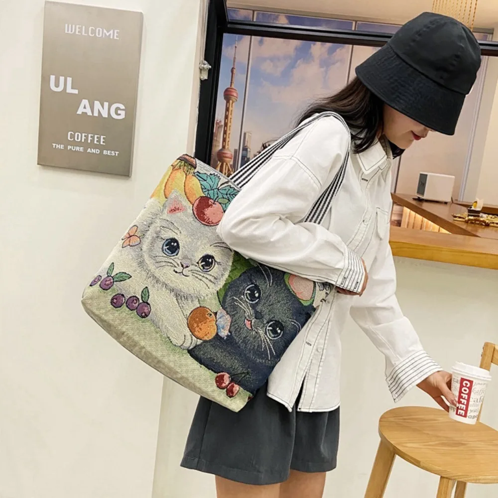 Large Capacity Women Shoulder Bag Fashion Cat Printing Embroidery Handbag Canvas Crossbody Bag