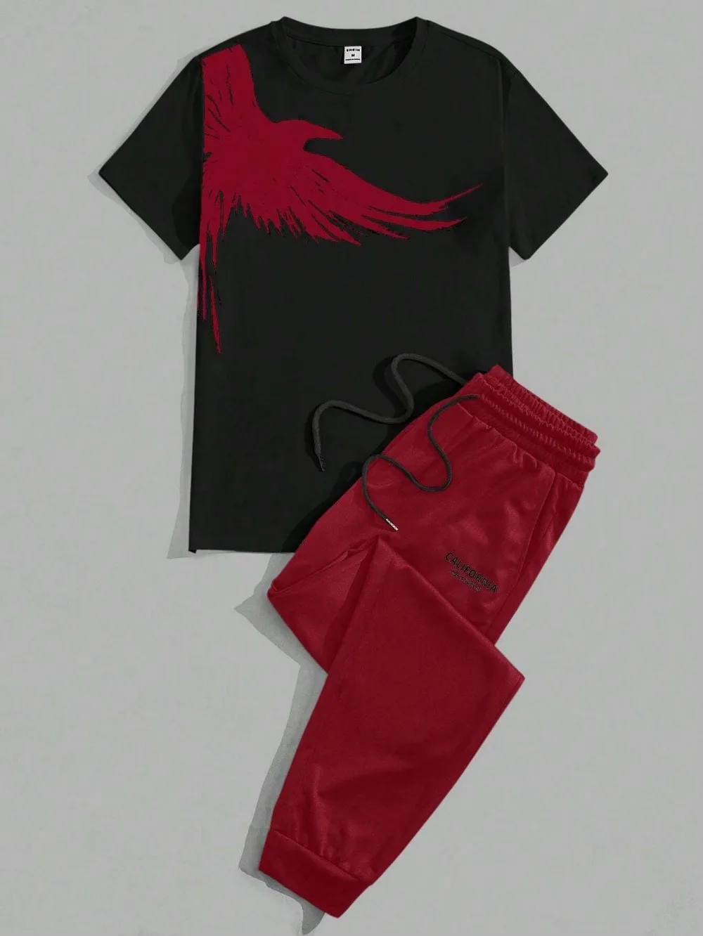 Summer Men's Eagle Flying Printed Pattern Breathable and Comfortable Round Neck T-shirt Pants Set Outdoor Trendy Two Piece Set