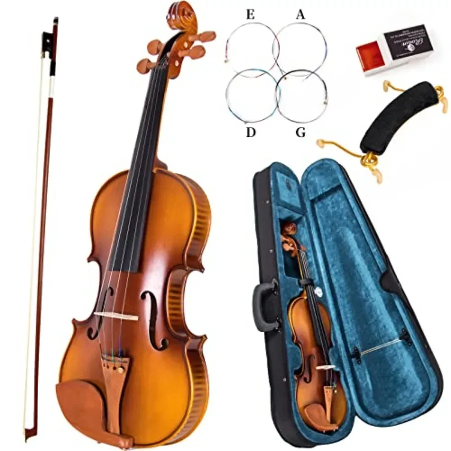 

4/4 Full Size Acoustic Violin for Beginners Adults Solid Maple Body Blue Lining with Hygrometer Rod Shoulder Rest Rosin Strings