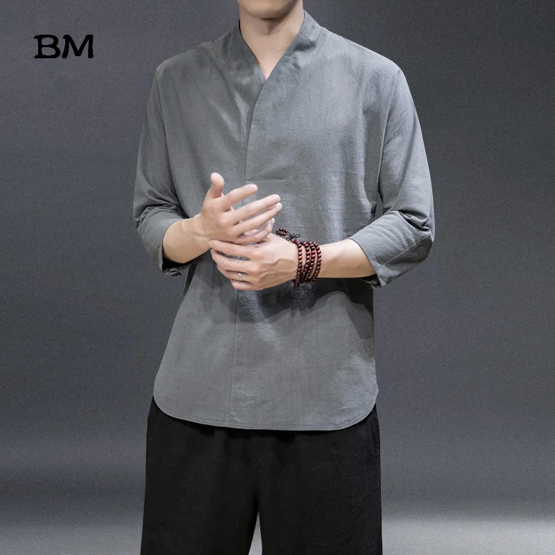 Chinese Style Cotton Linen T Shirt Men Summer Thin Hanfu Ancient Style 3/4 Sleeves Solid Color Kung Fu Clothes Harajuku Top