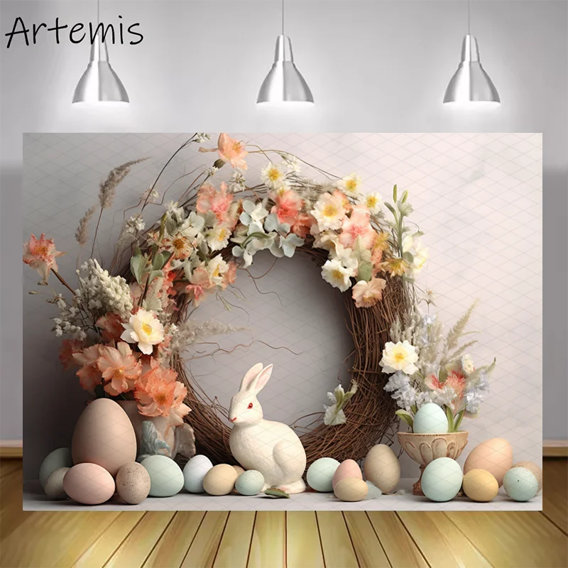 Spring Photography Backdrop Easter Bunny Eggs Floral Vines Colorful Baby Shower Cake Kids Birthday Portrait Photo Background