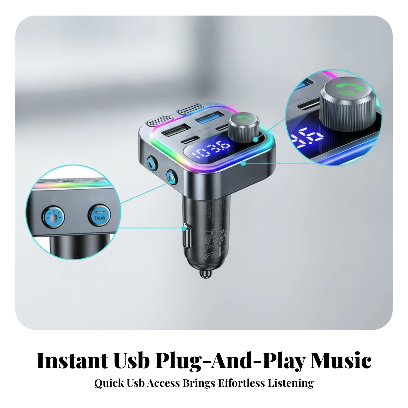 Bluetooth Radio Frequency Transmitter Multiple Charging Ports Usb Tf Card Player Car Charger Rotary Knob Vehicle Accessory