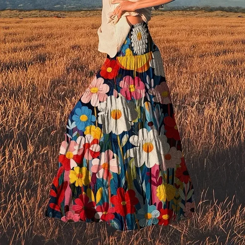 Plus Size Women Bohemian Floral Print Midi Skirt Oil Painting Pattern Elastic Waist Romantic Extra Flared Swing Skirt