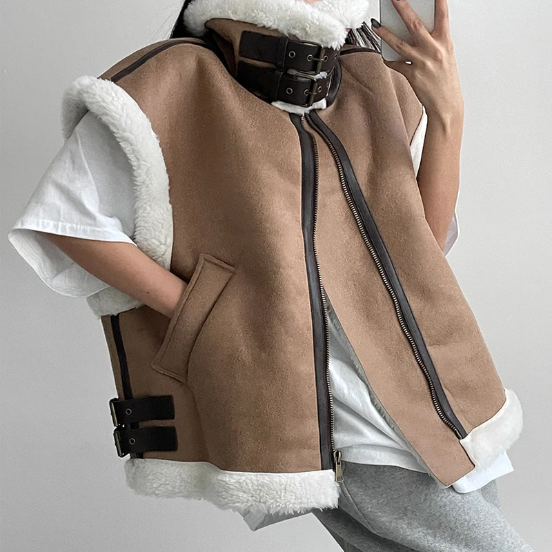 

Женский кожаный и меховой жилет на подкладке Fce, осенне-зимняя одежда, корейский джат для поездок на работу, Faion