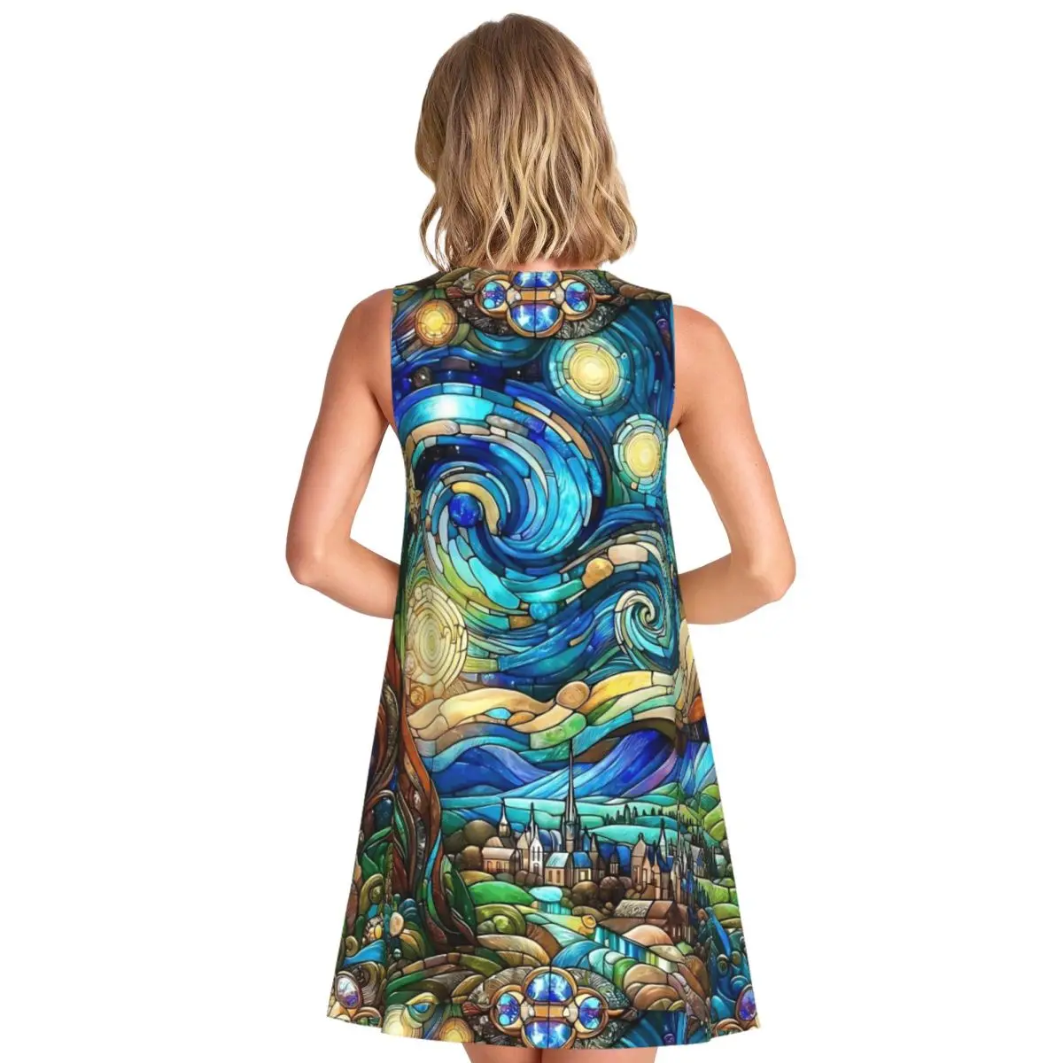 Abstract Starry Night Dress stained glass print Kawaii Dresses Female Korean Fashion Tank Dress Daily Printed Oversize Clothing