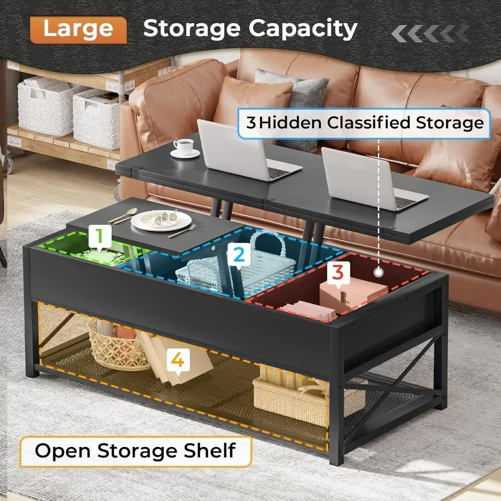 Lift Top Coffee Table, 3 in 1 Multi-Function Tables with Storage for Living Room, 43