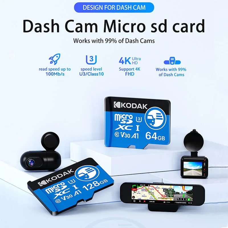 Kodak High Endurance Micro SD Card for Dash Cam FAT32 Memory Card 128/256GB 100MB/s Smooth 4K & Loop Recording Microsd Cards