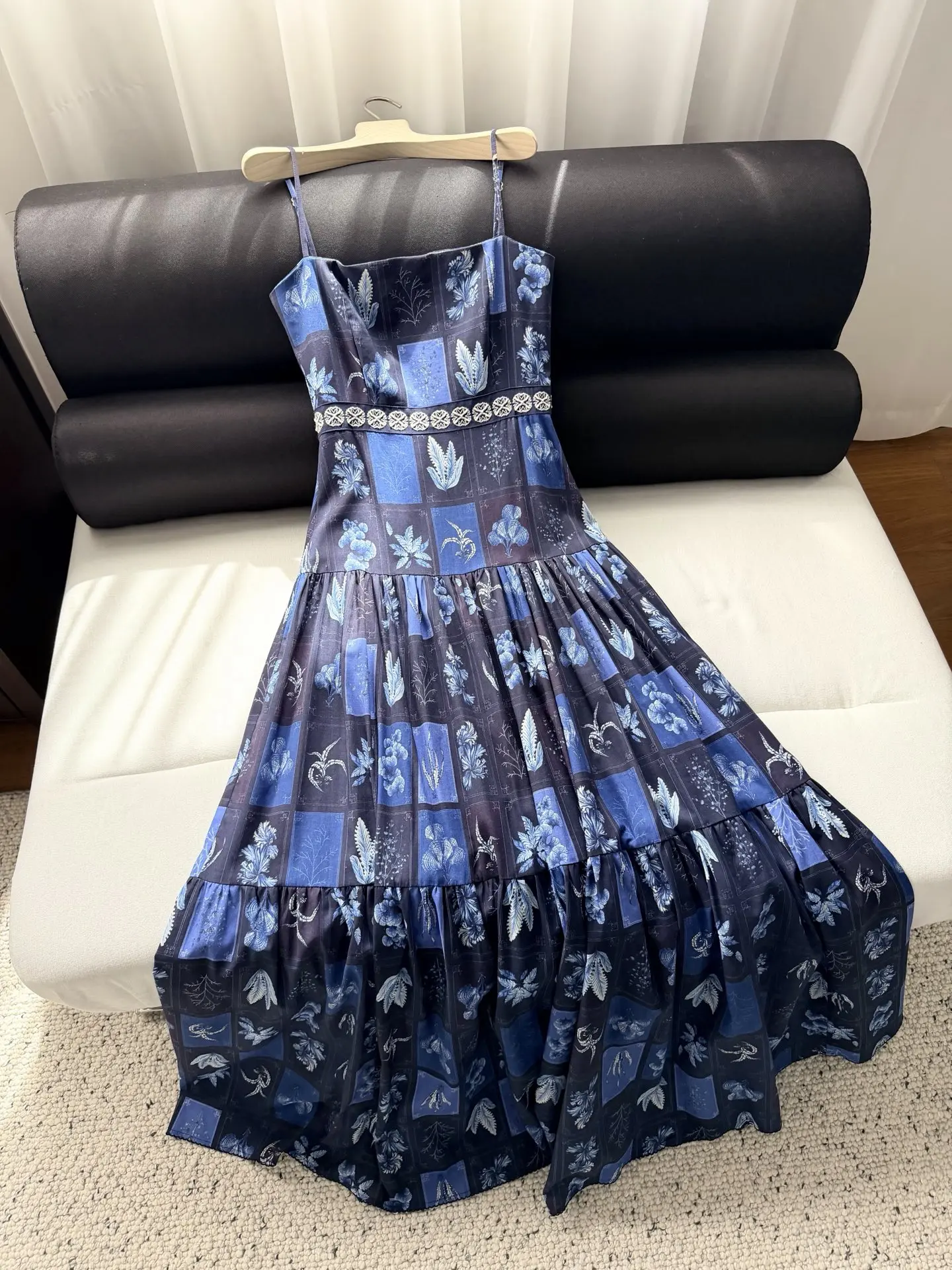 Women Blue Printed Linen Maxi Dress Square Collar Sleeveless High Waist Vintage Female Sling Robe