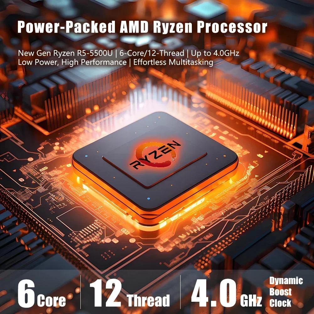 Mini PC Computer Gaming AMD Ryzen5 5500U M.2 NVME SSD 2xDDR4 Slot WiFi6E BT5.3 Office Desk Computer Windows 11 Pro Mini PC Work