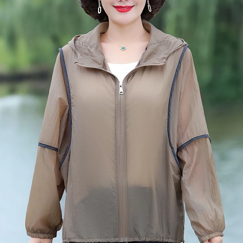 Women's Clothing Elegant Fashion Zipper Casual Loose Simplicity Solid Color Patchwork Hooded Sports Spring Summer Thin Jackets