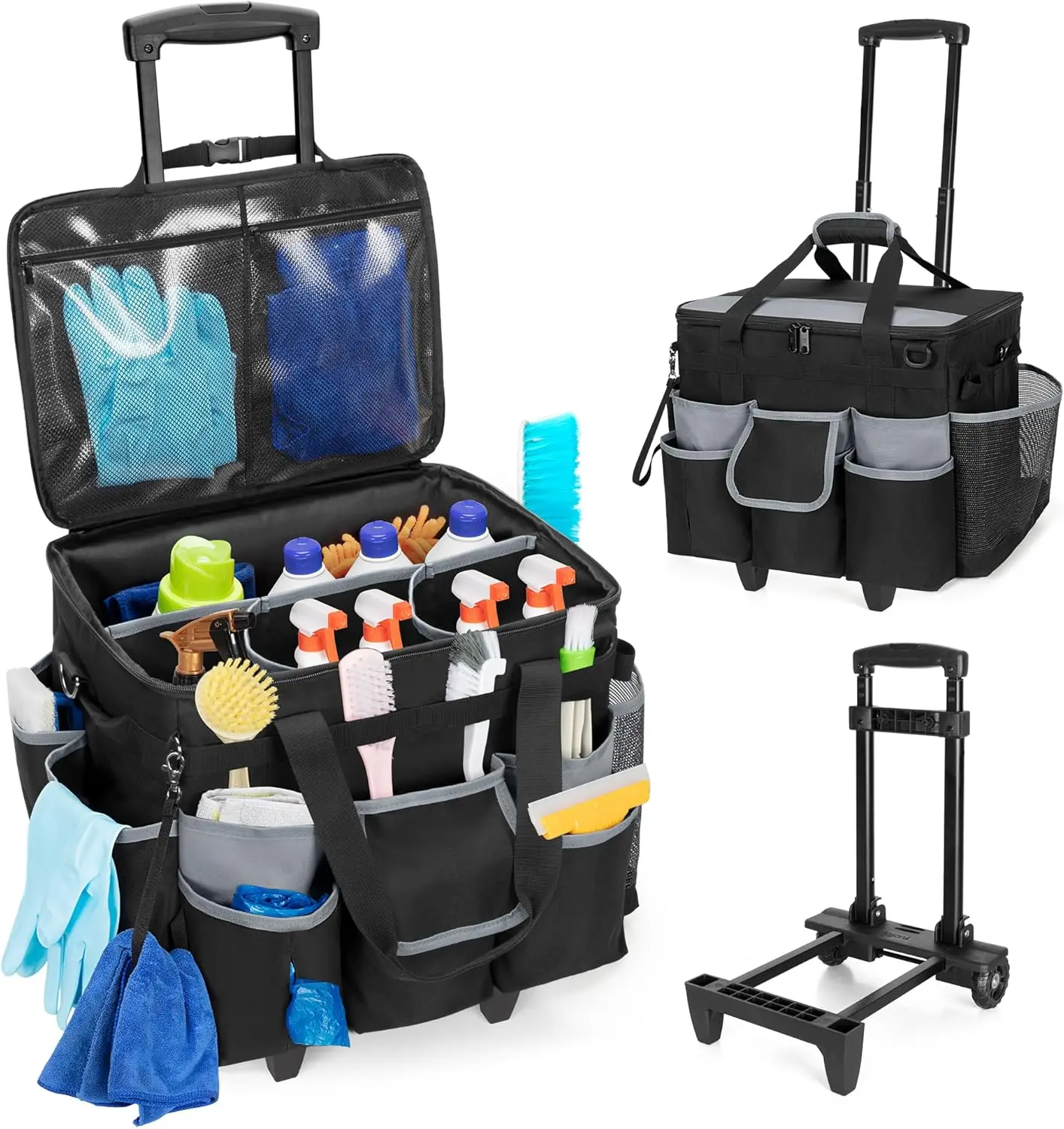 

Large Rolling Cleaning Caddy with Detachable Trolley & Lid, Cleaning Cart on Wheels with Shoulder Strap & Handles, Cleaning Supp