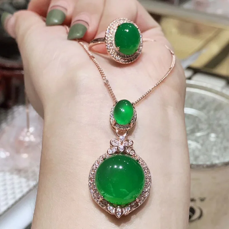 Chalcedony Pendant White Green Pink Jade Ring SuitS925Silver-Plated Two-Piece Suit One Piece Dropshipping