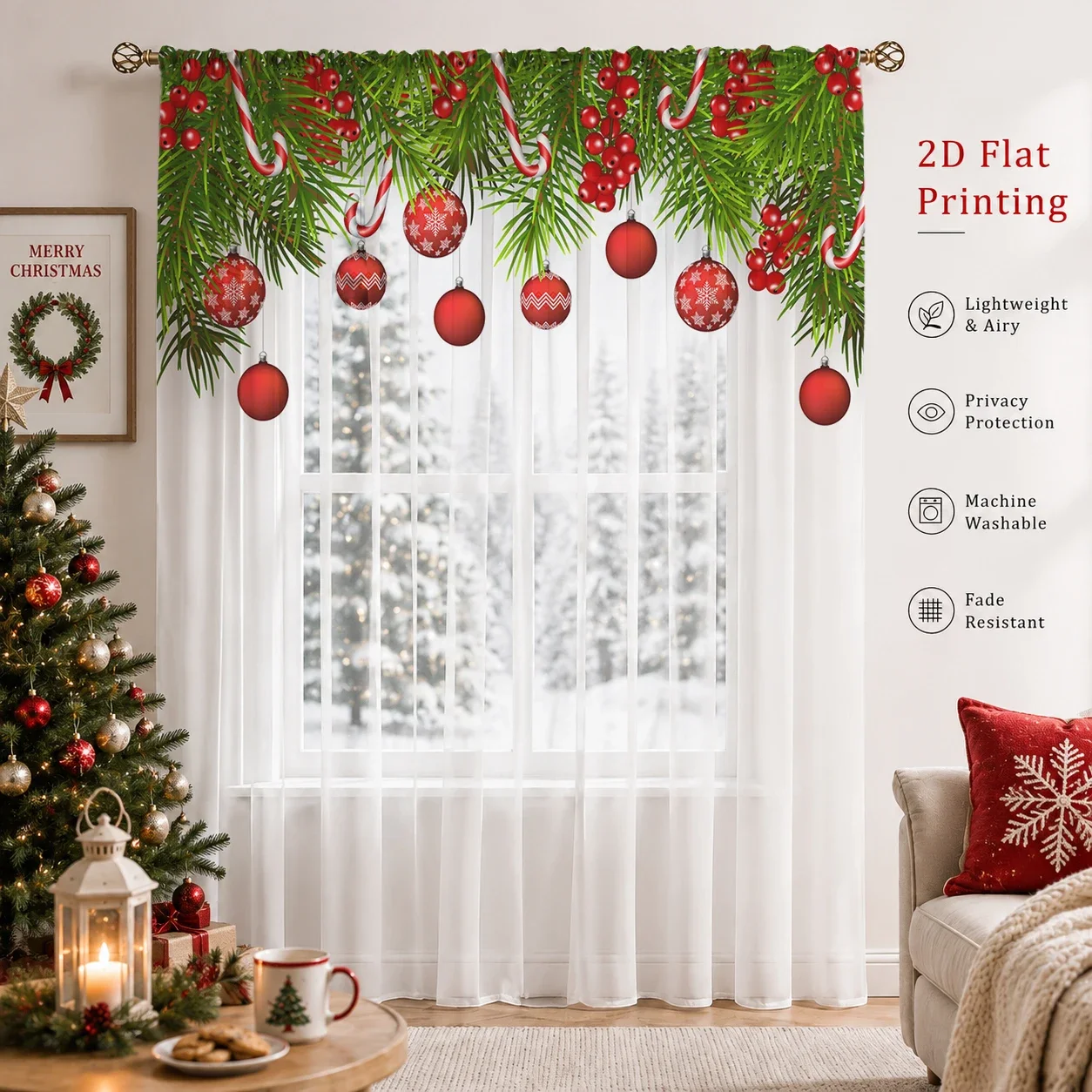 Christmas Gradient Sheer Curtain, Good Quality Light Reducing Privacy Voile for Living/Bedroom/Kids Room,Christmas's Day Gift - view 3