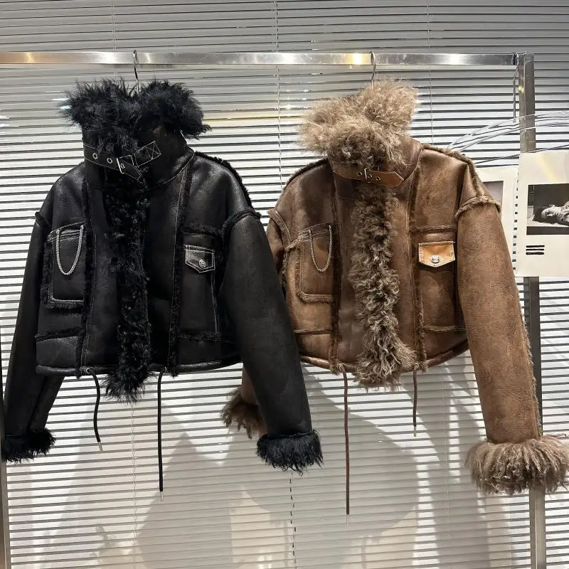 Ciepły płaszcz damski ze sztucznego futra z wełnianym kołnierzem, wykończony, zimowy, nowy, modny, streetwearowy, zapinany na zamek, długi, prosty krój.