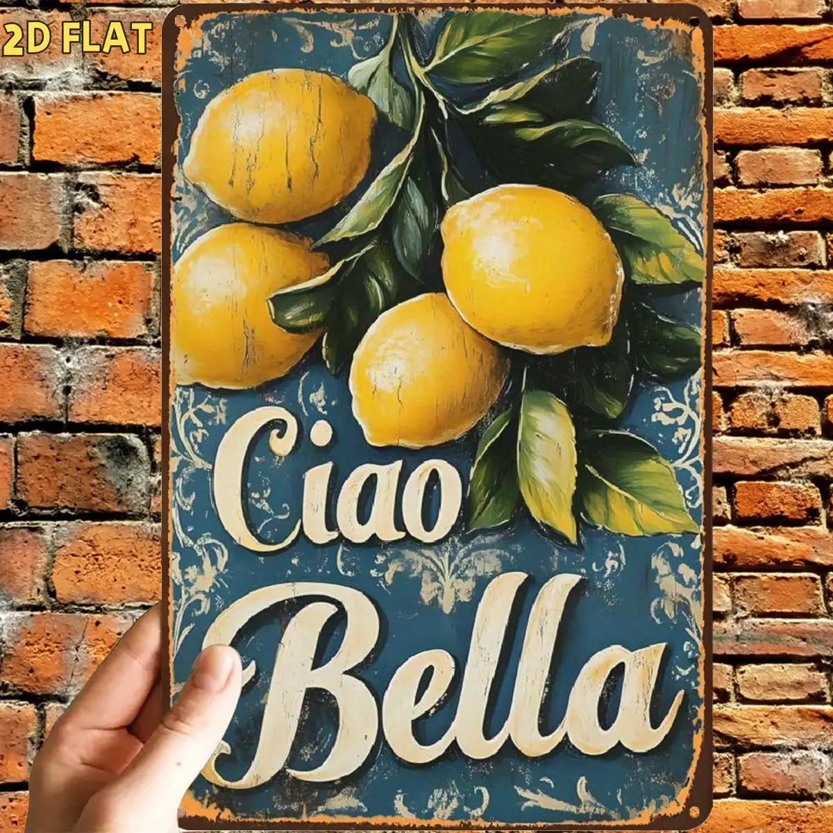 2D Flat, 2D Flat,1pc, Retro Lemon Grove Ciao Bella Sign Metal Iron Sign, Pre-Drilled Holes, Suitable for Indoor, Garden,Outdoor,