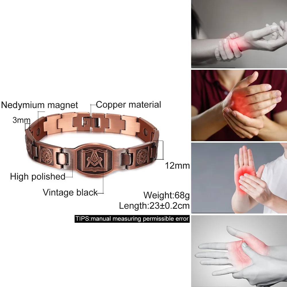 Cross Magnetic Bracelet Copper Energy 12mm Wristband Magnetic Bracelet Men Chain Link Vintage Masonic Ethnic Tribal Jewelry Men