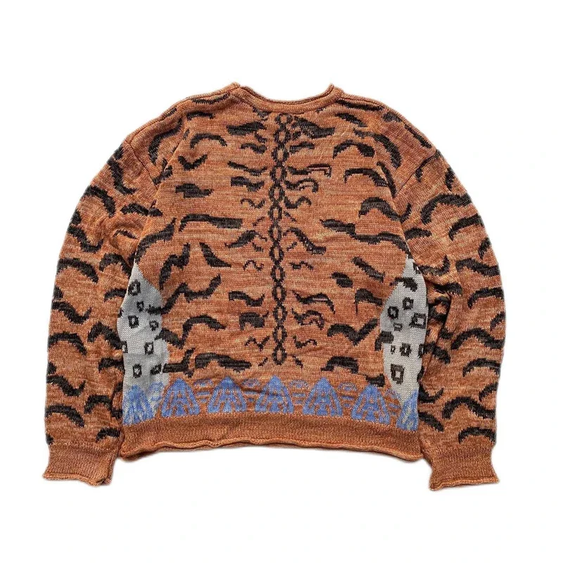 Kapital Vintage Non Hirata Hiroshi Leopard Tiger Printed Pullover Męski i damski luźny sweter z okrągłym dekoltem Pomarańczowy sweter z dzianiny