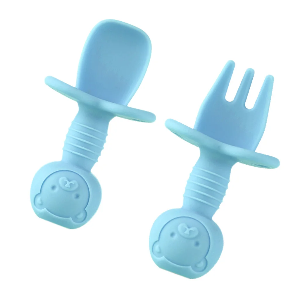 2 قطعة ملعقة تغذية الطفل شوكة مجموعة سيليكون السلس سهلة التنظيف مقاومة درجات الحرارة العالية صديقة للبيئة رأس مستدير للأطفال الرضع