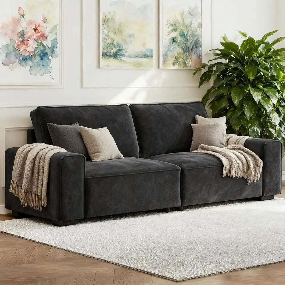 

3-местный диван из синели с толстыми подушками, современный дизайн облаков, темно-серый для небольших помещений