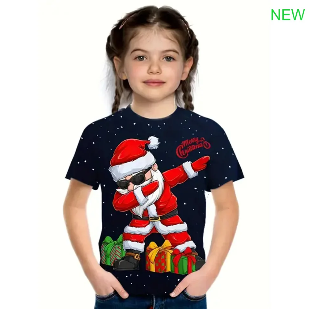 Christmas Dance Santa print T-shirt, suitable for kids boys, summer spring autumn casual short sleeve T-shirt, as a gift top