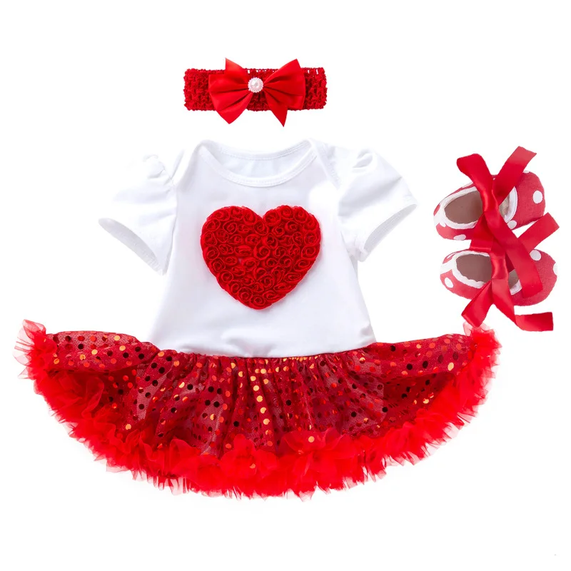 Summer New Baby Mother's Day Short Sleeve Sequin Mesh Romper Dress Heart Dress Baby Shoes Three-Piece Set