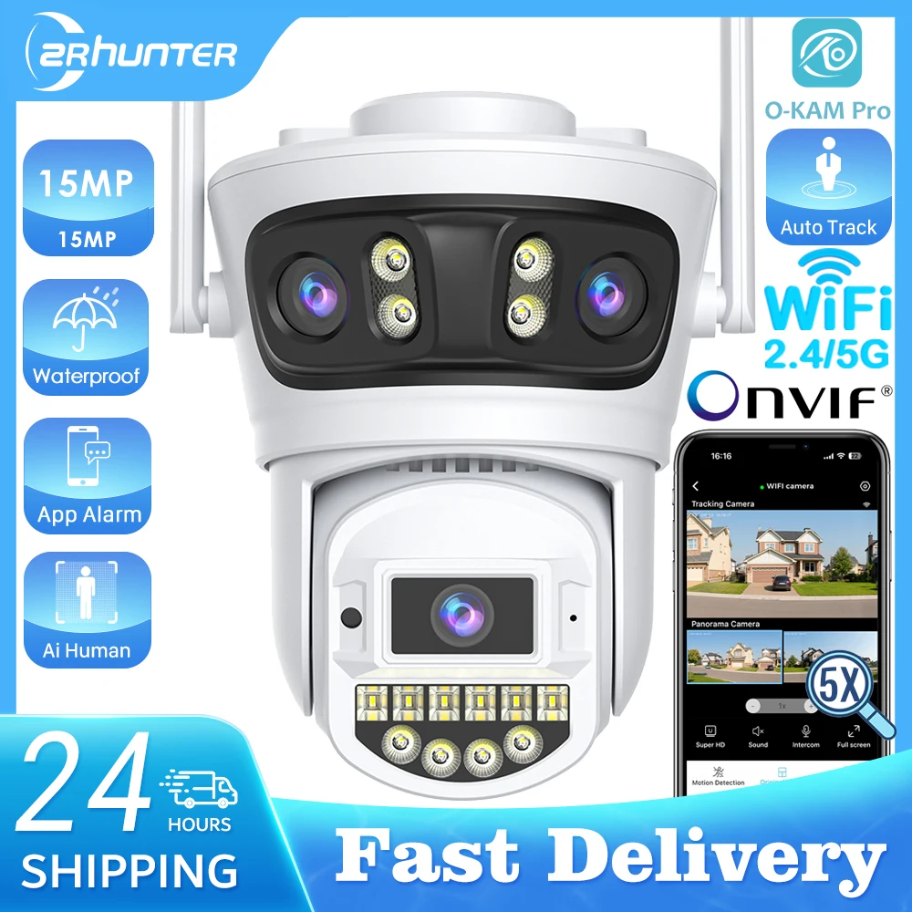 15MP PTZ IP Camera Outdoor Wifi Surveillance Camera 5X Digital Zoom Three Screens Security Camera 180° Oversized Viewing Angle