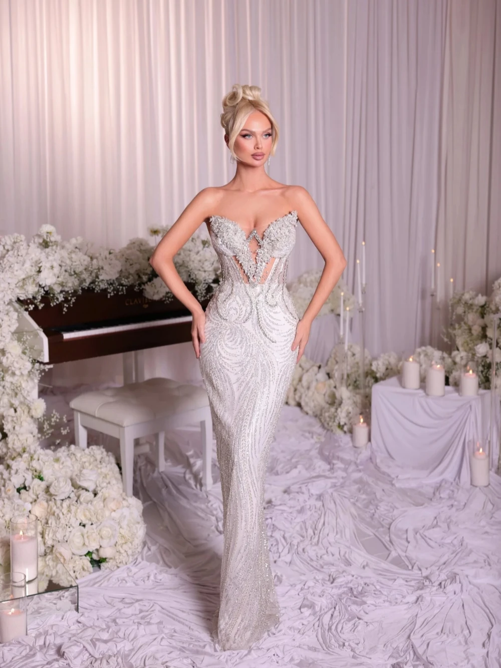 Glitter V Neck Wedding Dress Stylish Beading Pearls Sequined Sheath Customized Bride Dress Delicate Elegant Corset Bridal Gown