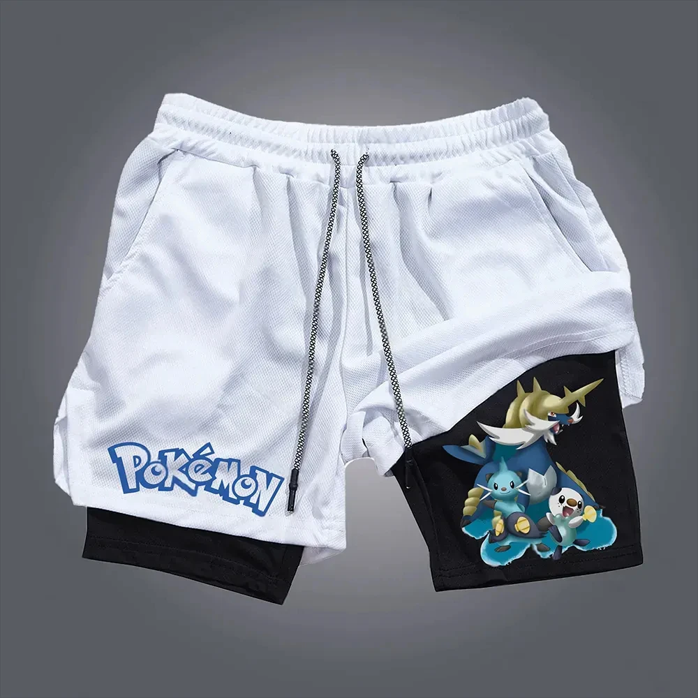 

Pokémon Men's Double Layer 2-in-1 fitness pants cotton blend cool Sports Shorts Japanese Anime pocket Quick-Drying sweatpants