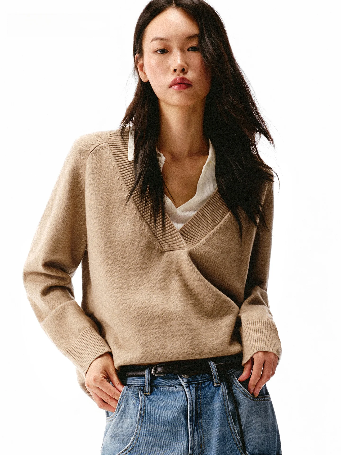 

Asomesome American Sle Loose Knitted Wool Sweater Women's Autumn New V-Ne T-irt Inner Wear Long Sve Thermal Top