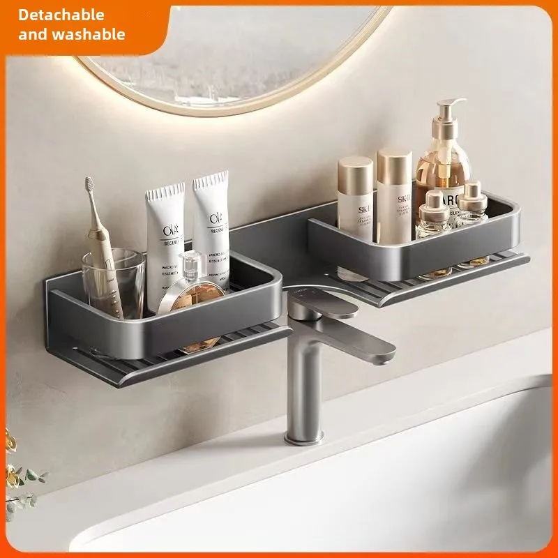 

Alumimum Punch-Free Bathroom Rack Gun Gray Bathroom Wall-Mounted Washstand Mirror Front Faucet Storage Rack