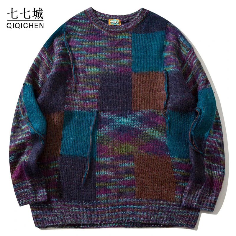 

Vintage Knitted Sweater Men Tassel Plaid Oversized Round Neck Pullover Autumn Winter Casual Loose Jumpers Unisex Tops Streetwear