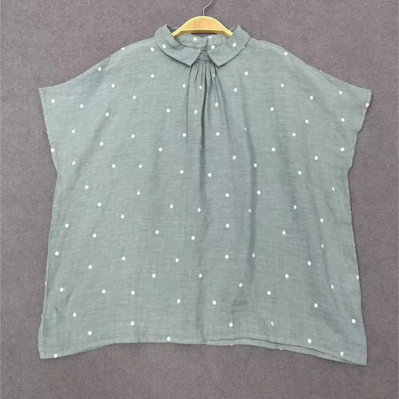 Johnature Summer 2024 New Linen Lapel Embroidery Small Polka Dot Short Sleeve Tops Women Loose Casual Women Shirts