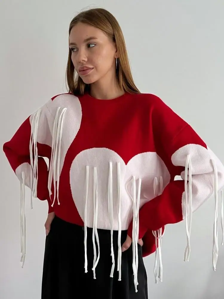 

Autumn 2025 New Knot Love Tassel Splicing Color Slimming Sweater Versatile Women's Cross-Border Knitwear