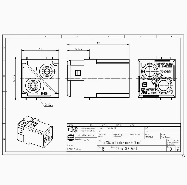 1pcs 09140022653 HARTING 100A 1000V High Current 2-Pin Module German Original