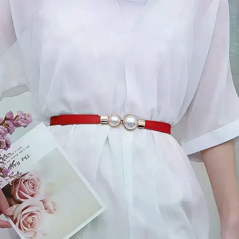 Pearl Buckle Belt PU Leather Dress Skirt Waist Elastic Thin Women Belts Ladies Waistband Accessories