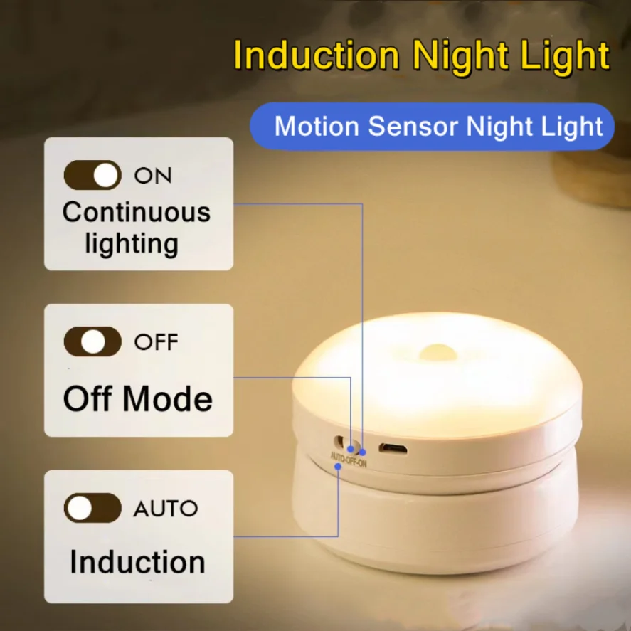 PwwQmm LED Night Light Wireless Motion USB Charging Cabinet Night Lamp Bedside Table For Bedroom Home Closet Sensor Round Lights