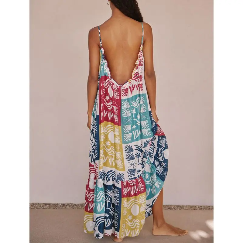 Combhasaki Vrouwen Zomer Verstelbare Spaghetti Band Backless Y2K Fruit Print Verstoorde Trim Backless Loose Fit Slip Cami Lange Jurk