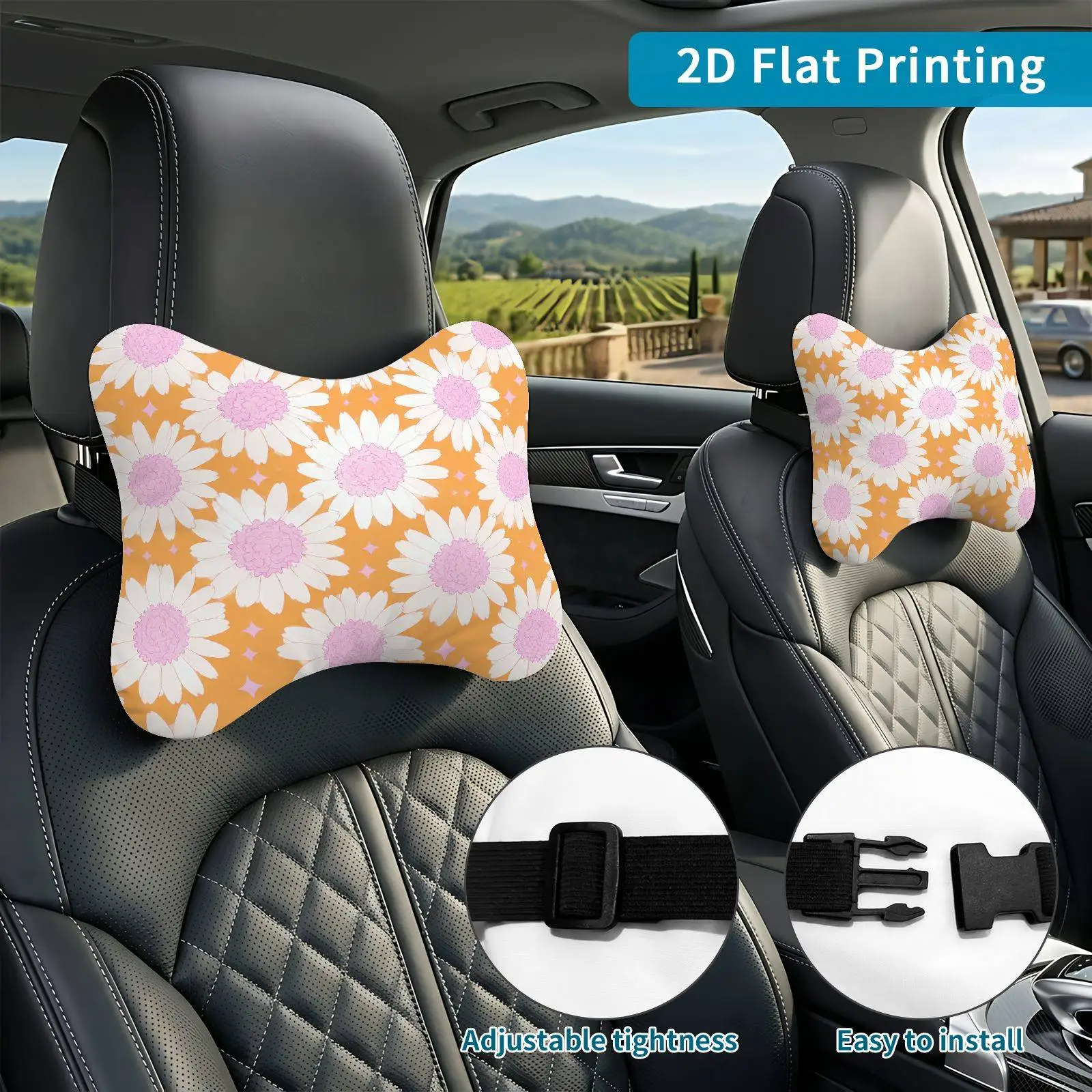 2pcs Daisy Floral Pattern Car Seat Headrest, Neck Support Cushion, Suitable For All Seasons Of Car Additions, Floral Theme, Trav