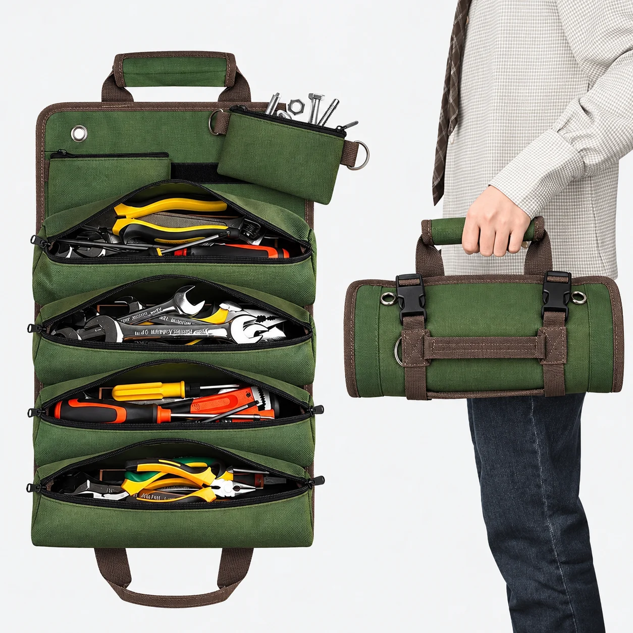 Green Roll Up Tool Bag Portable Multi Pocket Tool Organizer with Detachable Pouch for Home Garage and Travel